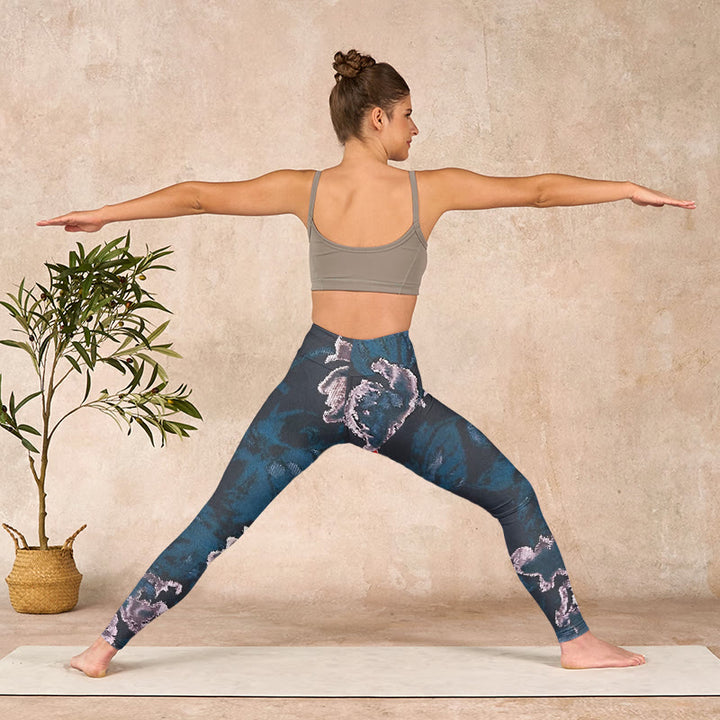 Buddha Stones SteelBlue Silver Flowers Print Exercise Leggings Women's Yoga Pants - image 10
