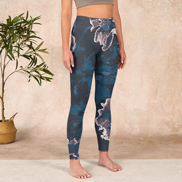 Buddha Stones SteelBlue Silver Flowers Print Exercise Leggings Women's Yoga Pants - image 3