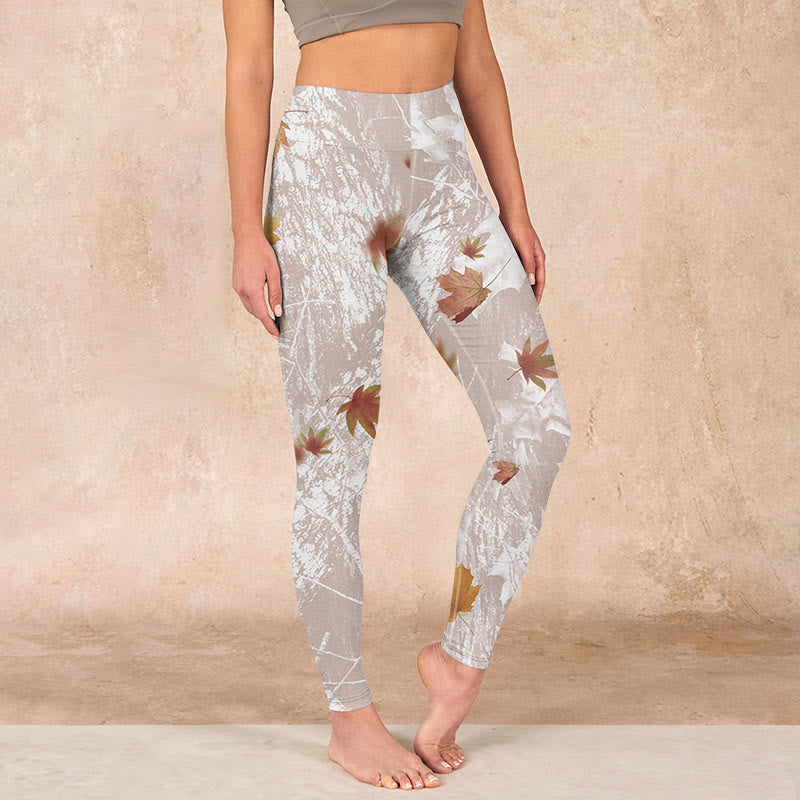 Buddha Stones Maple Leaves Branches Print Gym Leggings Women's Yoga Pants - Wheat - US18，UK/AU22，EU50 (4XL) - image 0