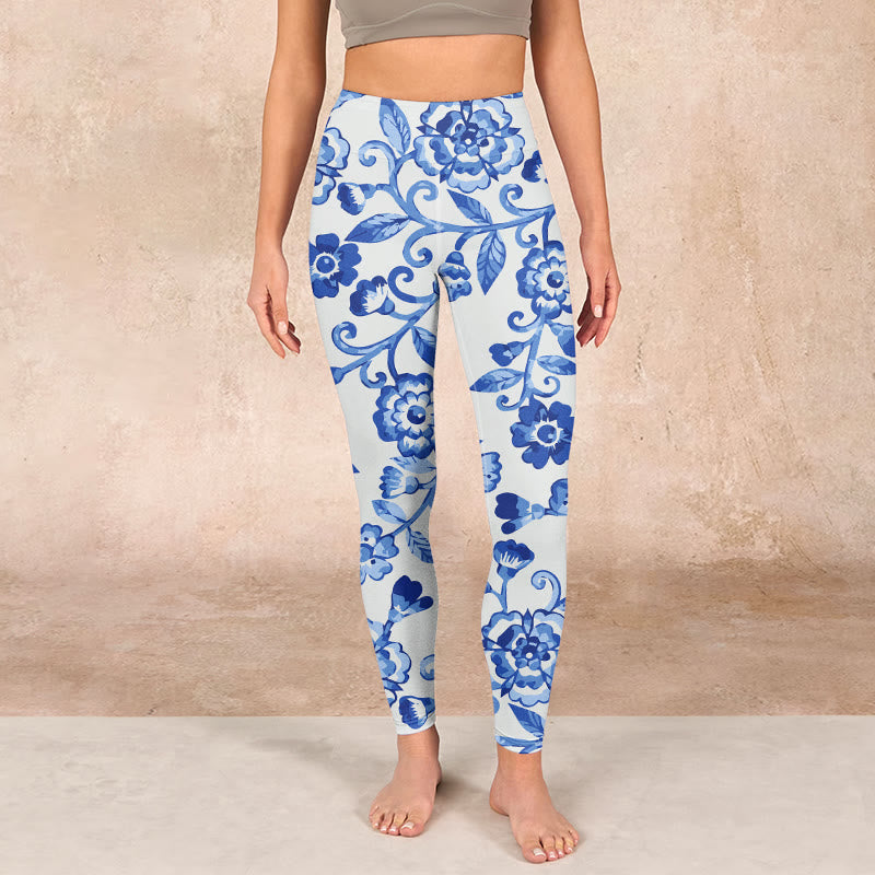 Buddha Stones Blue Flowers Leaves Branches Print Gym Leggings Women's Yoga Pants - image 1