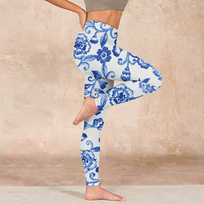 Buddha Stones Blue Flowers Leaves Branches Print Gym Leggings Women's Yoga Pants - image 15