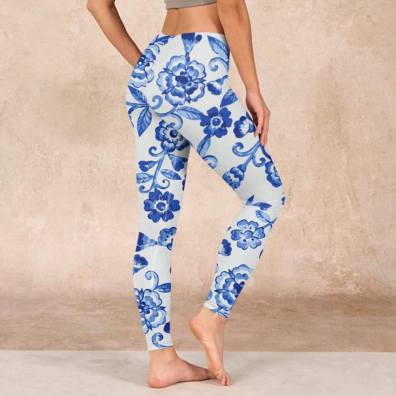 Buddha Stones Blue Flowers Leaves Branches Print Gym Leggings Women's Yoga Pants - image 2