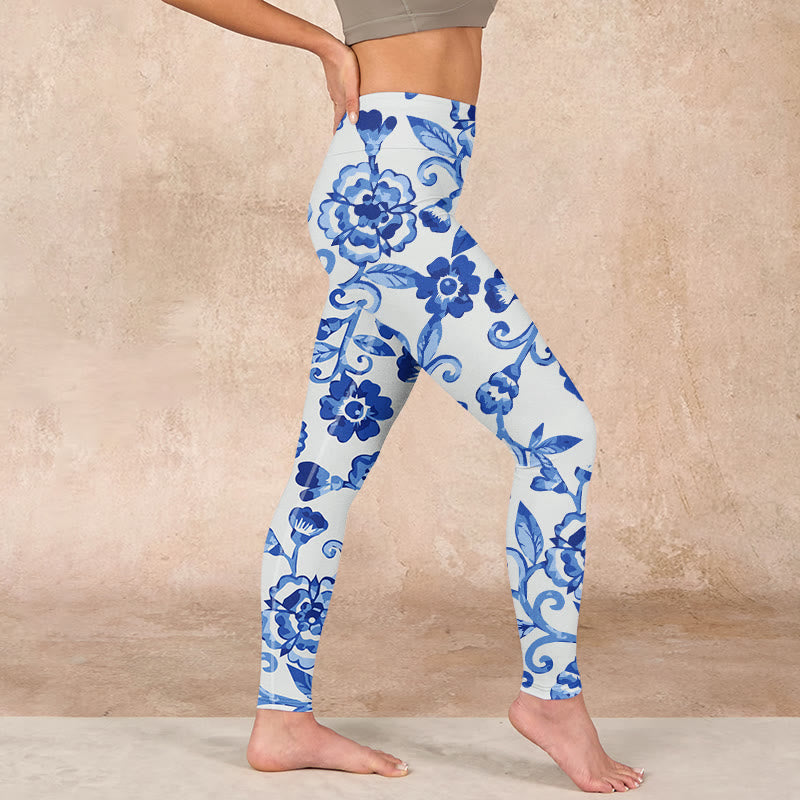 Buddha Stones Blue Flowers Leaves Branches Print Gym Leggings Women's Yoga Pants - image 16