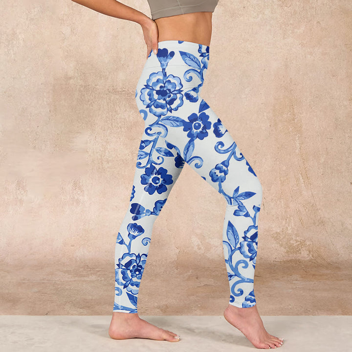 Buddha Stones Blue Flowers Leaves Branches Print Gym Leggings Women's Yoga Pants - image 16