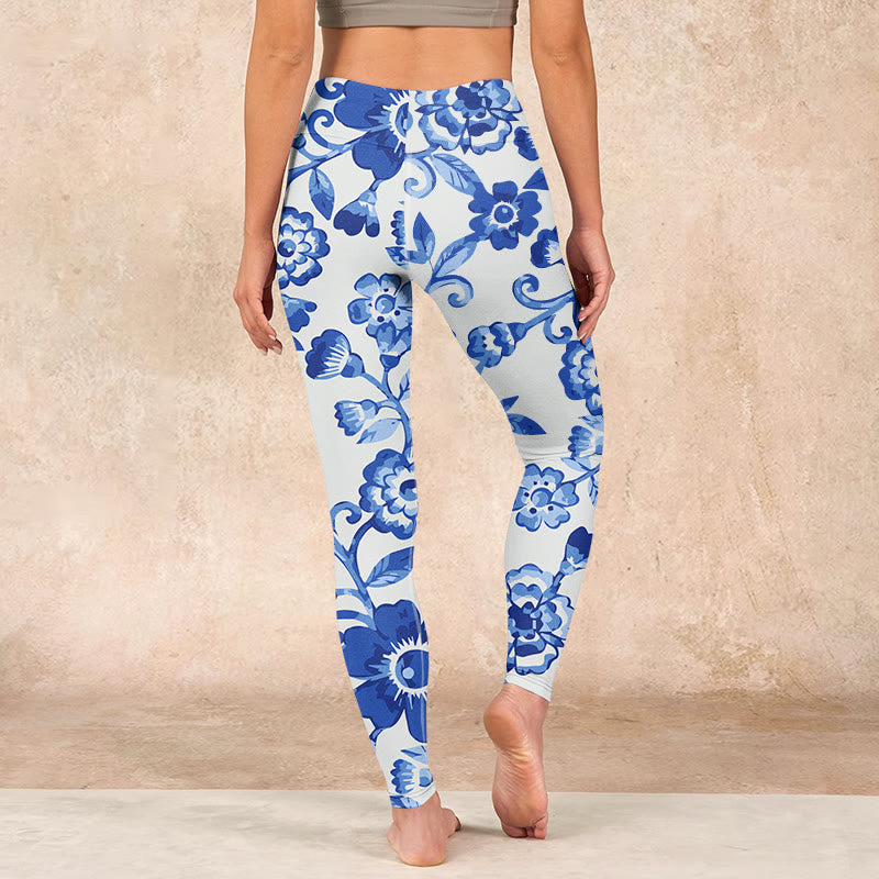 Buddha Stones Blue Flowers Leaves Branches Print Gym Leggings Women's Yoga Pants - image 14