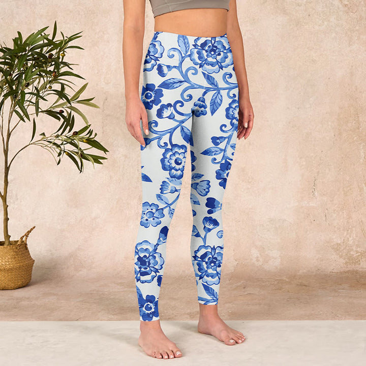 Buddha Stones Blue Flowers Leaves Branches Print Gym Leggings Women's Yoga Pants - image 3
