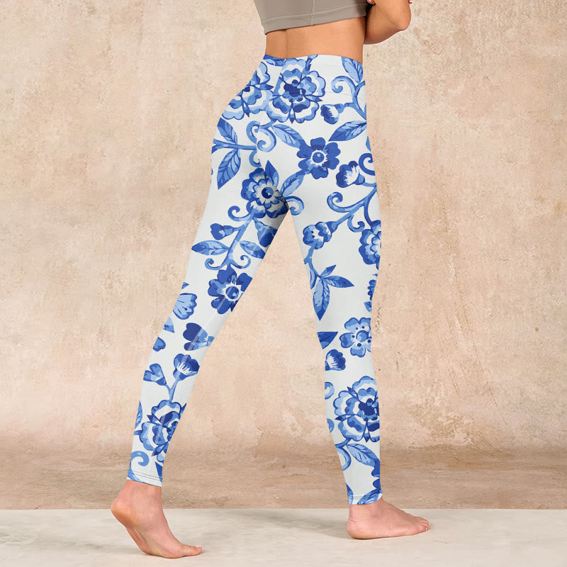 Buddha Stones Blue Flowers Leaves Branches Print Gym Leggings Women's Yoga Pants - image 4