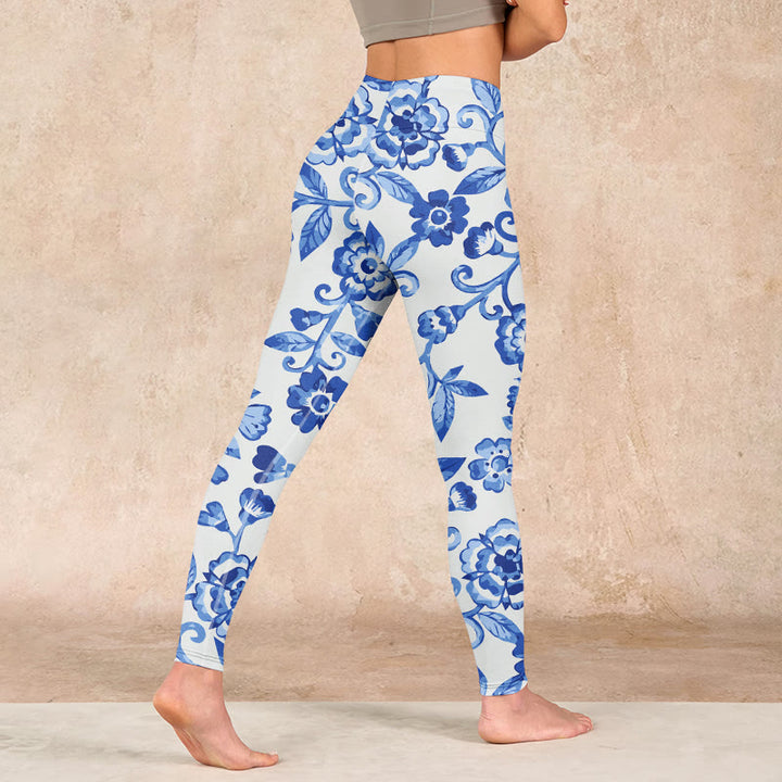 Buddha Stones Blue Flowers Leaves Branches Print Gym Leggings Women's Yoga Pants - image 4