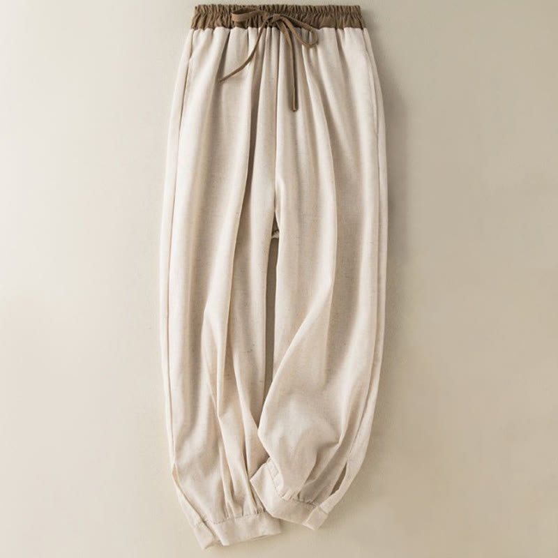 Buddha Stones Plain Cotton Drawstring Women's Harem Pants With Pockets - Beige - US16，UK/AU20，EU48 (3XL) - image 0