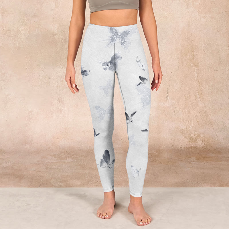 Buddha Stones White Gray Butterfly Print Sports Leggings Women's Yoga Pants - image 1
