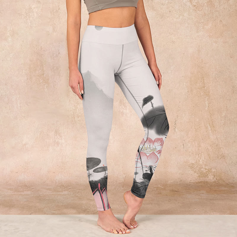 Buddha Stones Ink Painting Lotus Flower Leaf Print Gym Fitness Leggings Women's Yoga Pants - WhiteSmoke - US18，UK/AU22，EU50 (4XL) - image 0