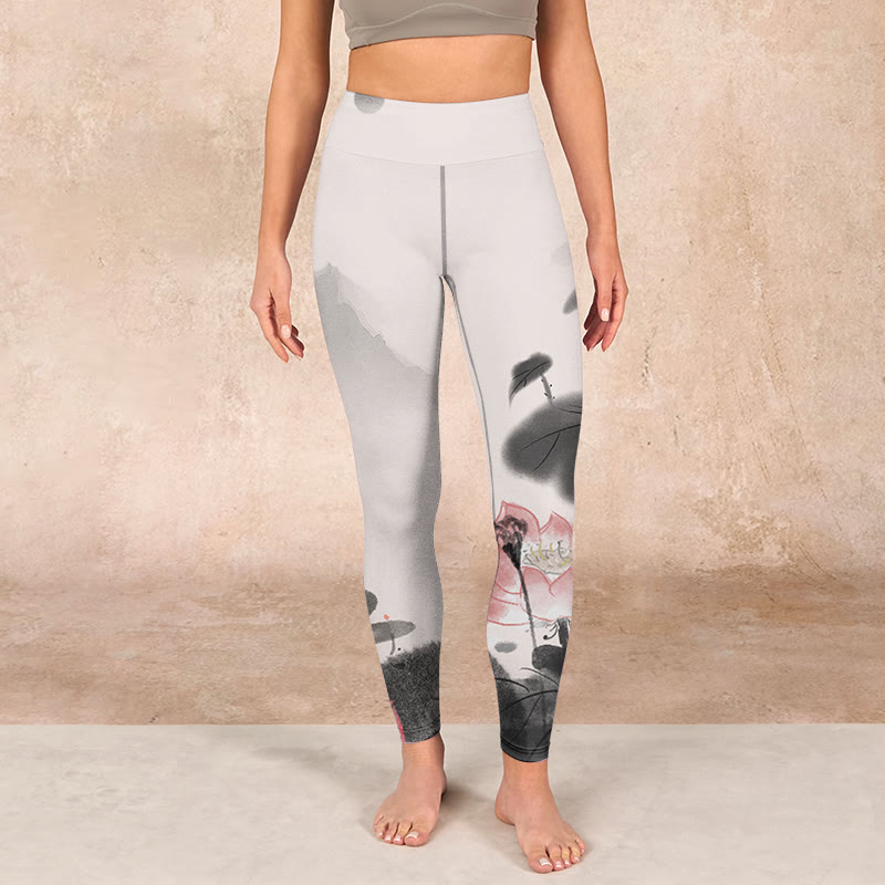 Buddha Stones Ink Painting Lotus Flower Leaf Print Gym Fitness Leggings Women's Yoga Pants - image 1