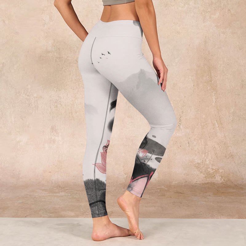 Buddha Stones Ink Painting Lotus Flower Leaf Print Gym Fitness Leggings Women's Yoga Pants - image 2