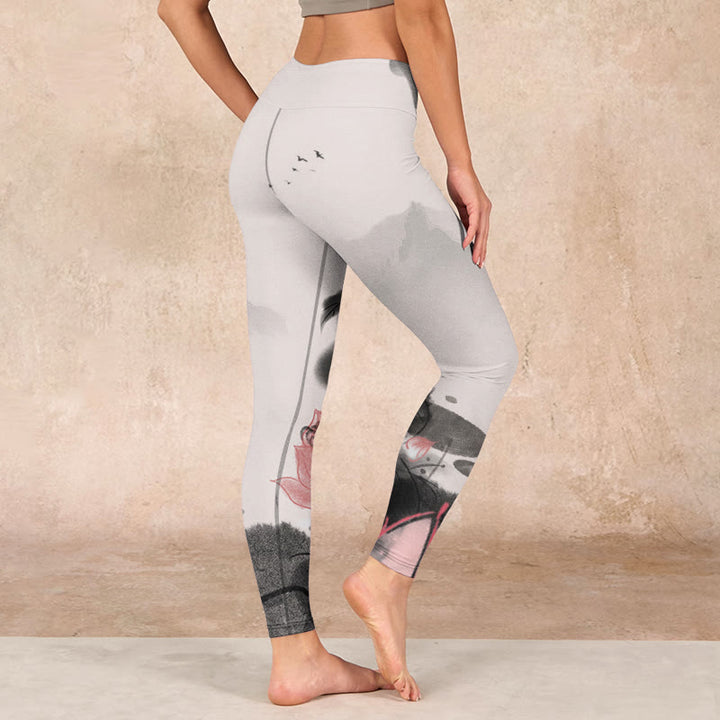 Buddha Stones Ink Painting Lotus Flower Leaf Print Gym Fitness Leggings Women's Yoga Pants - image 2