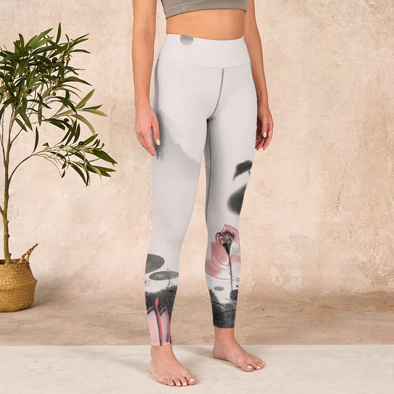 Buddha Stones Ink Painting Lotus Flower Leaf Print Gym Fitness Leggings Women's Yoga Pants - image 3