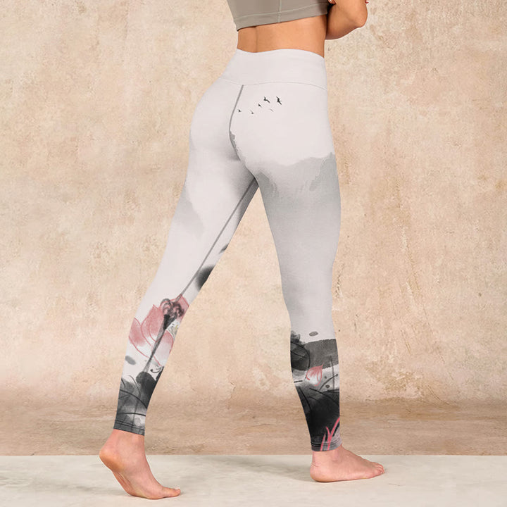 Buddha Stones Ink Painting Lotus Flower Leaf Print Gym Fitness Leggings Women's Yoga Pants - image 4