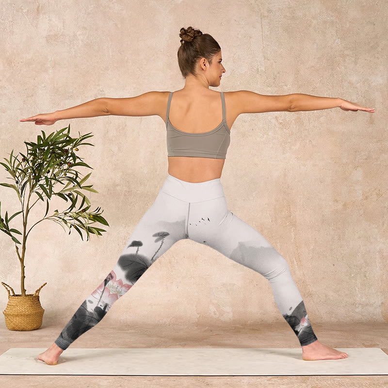 Buddha Stones Ink Painting Lotus Flower Leaf Print Gym Fitness Leggings Women's Yoga Pants - image 10
