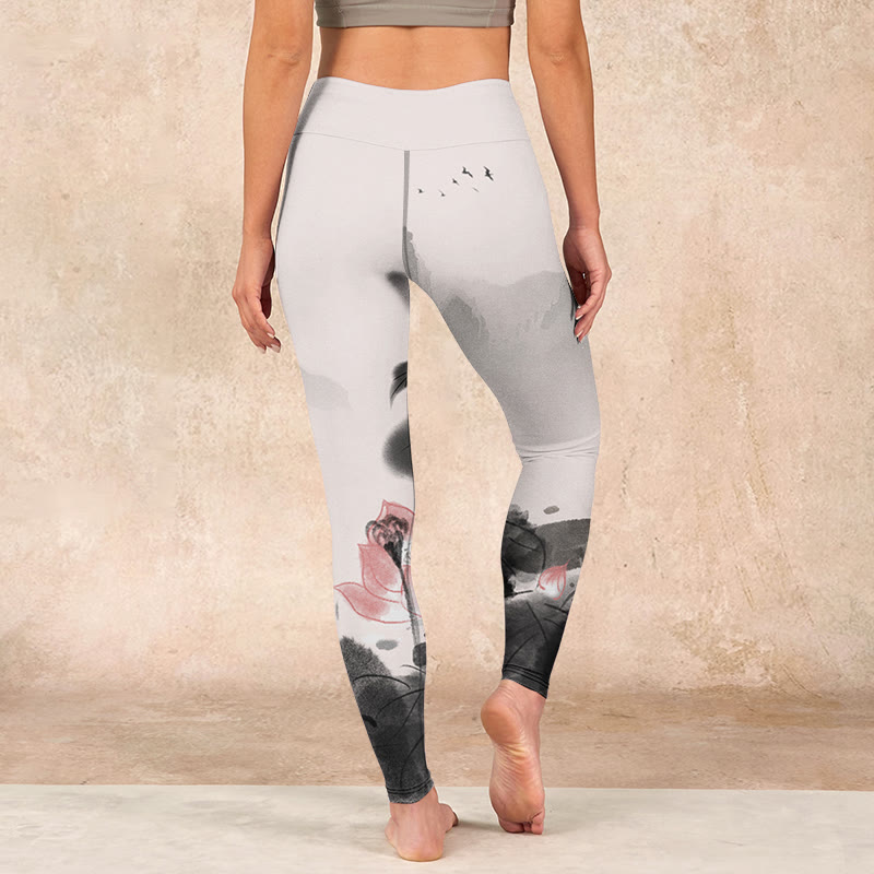 Buddha Stones Ink Painting Lotus Flower Leaf Print Gym Fitness Leggings Women's Yoga Pants - image 14
