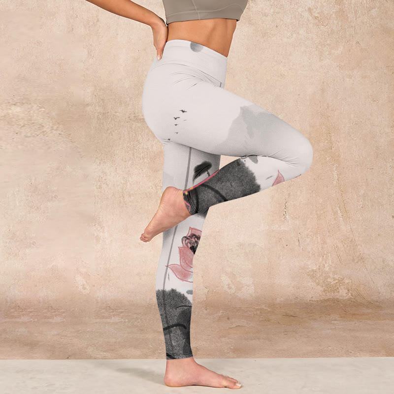 Buddha Stones Ink Painting Lotus Flower Leaf Print Gym Fitness Leggings Women's Yoga Pants - image 15