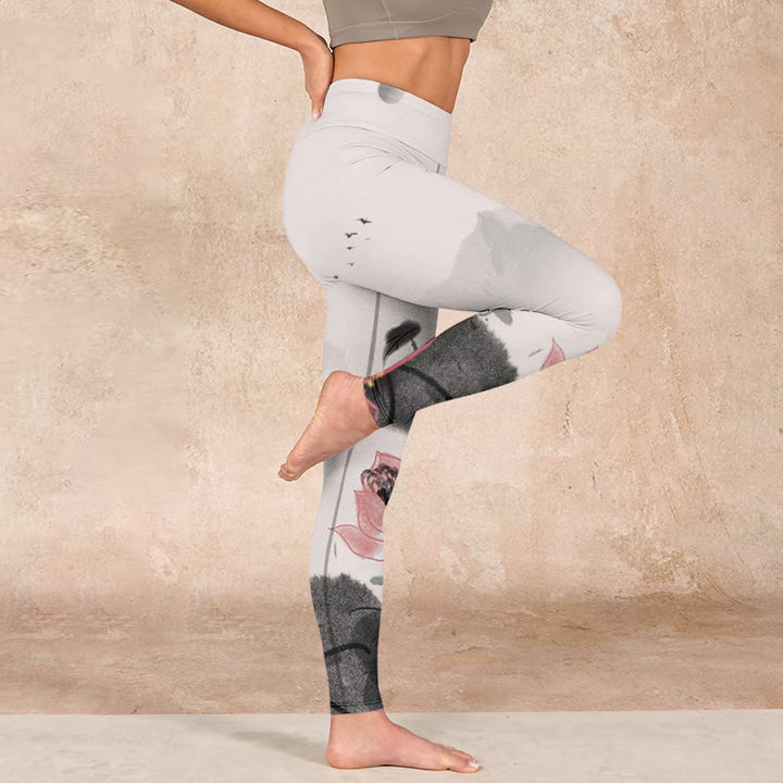 Buddha Stones Ink Painting Lotus Flower Leaf Print Gym Fitness Leggings Women's Yoga Pants - image 15