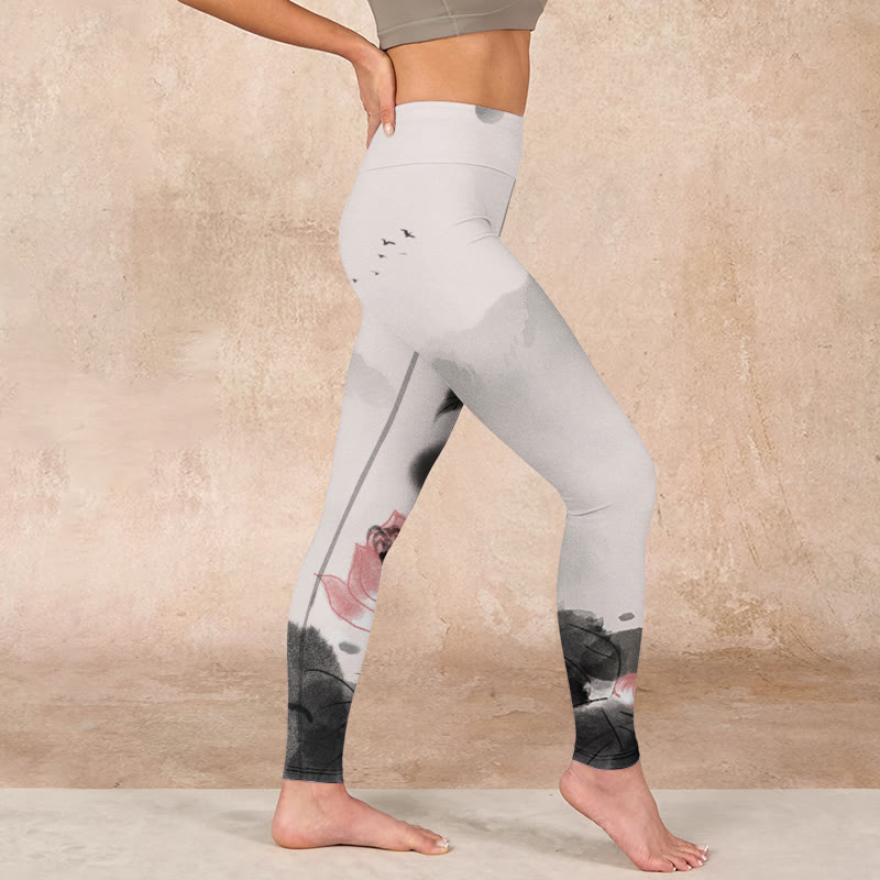 Buddha Stones Ink Painting Lotus Flower Leaf Print Gym Fitness Leggings Women's Yoga Pants - image 16