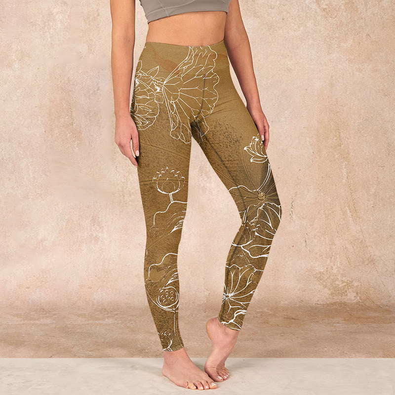 Buddha Stones Goldenrod Lotus Flowers Leaves Print Gym Fitness Leggings Women's Yoga Pants - Goldenrod - US18，UK/AU22，EU50 (4XL) - image 0