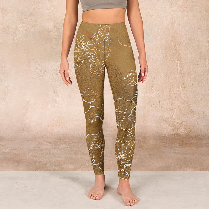 Buddha Stones Goldenrod Lotus Flowers Leaves Print Gym Fitness Leggings Women's Yoga Pants - image 1