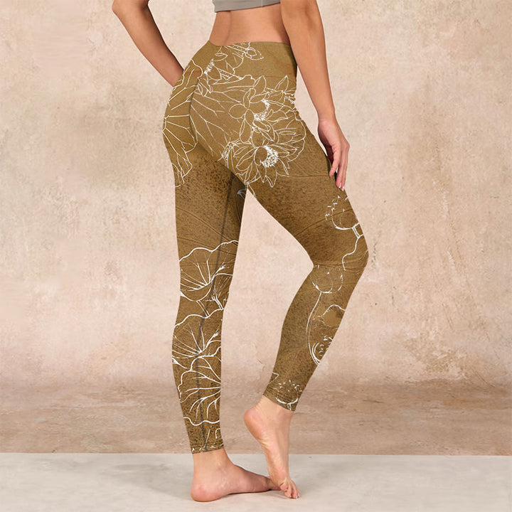 Buddha Stones Goldenrod Lotus Flowers Leaves Print Gym Fitness Leggings Women's Yoga Pants - image 2