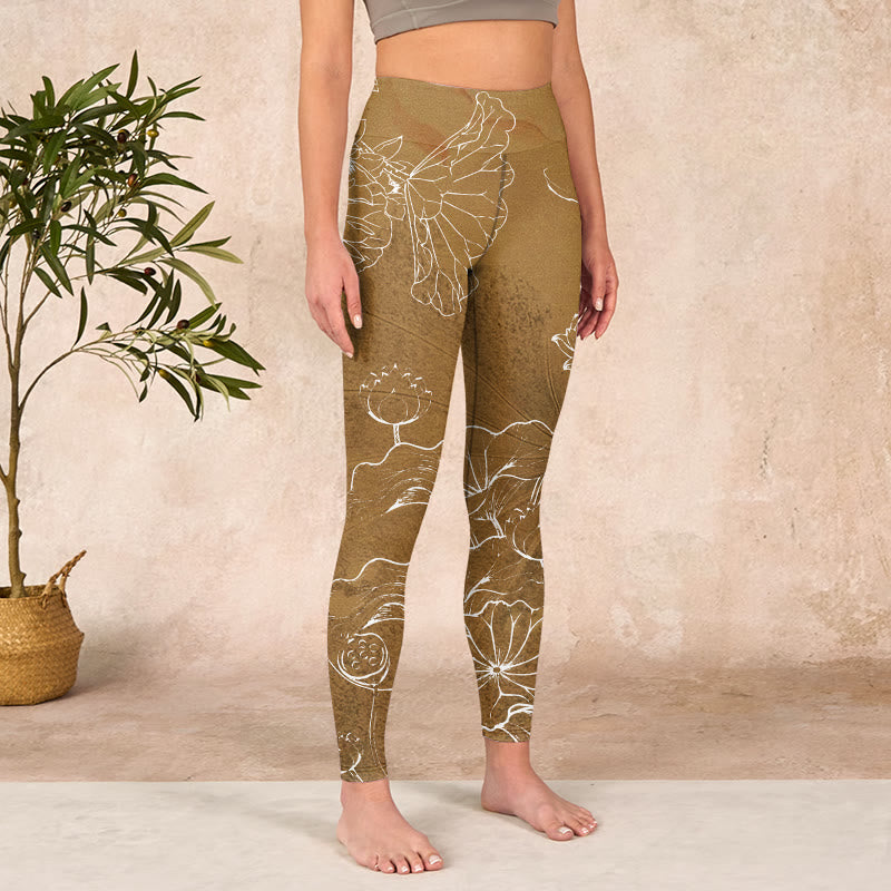 Buddha Stones Goldenrod Lotus Flowers Leaves Print Gym Fitness Leggings Women's Yoga Pants - image 3