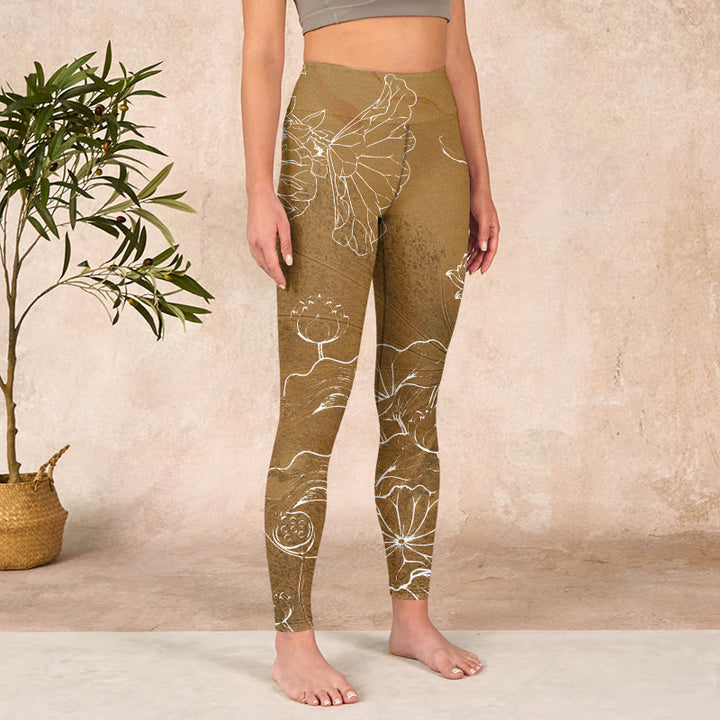 Buddha Stones Goldenrod Lotus Flowers Leaves Print Gym Fitness Leggings Women's Yoga Pants - image 3