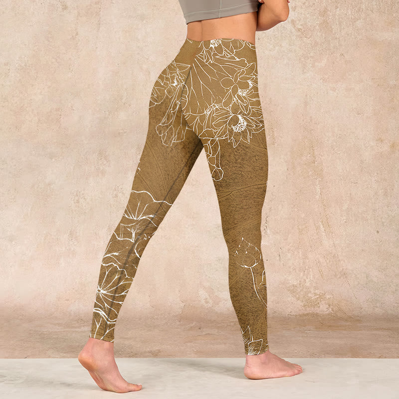 Buddha Stones Goldenrod Lotus Flowers Leaves Print Gym Fitness Leggings Women's Yoga Pants - image 4