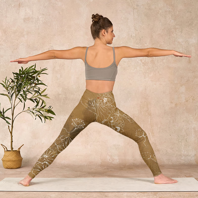 Buddha Stones Goldenrod Lotus Flowers Leaves Print Gym Fitness Leggings Women's Yoga Pants - image 10
