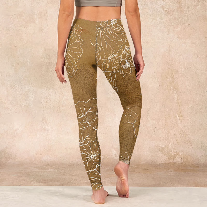Buddha Stones Goldenrod Lotus Flowers Leaves Print Gym Fitness Leggings Women's Yoga Pants - image 14
