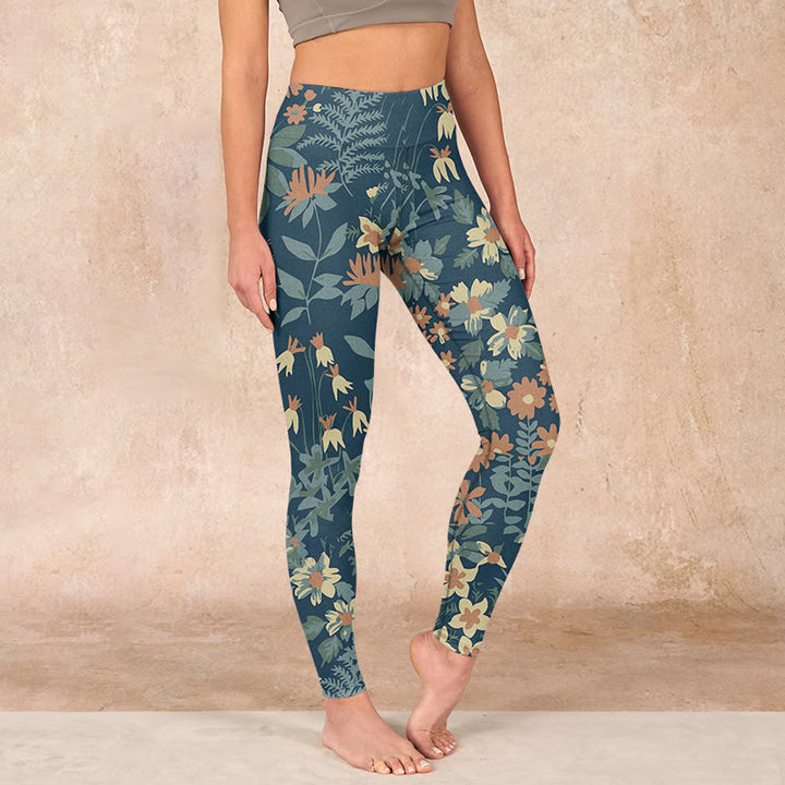 Buddha Stones Casual Daisy Flowers Leaves Print Gym Fitness Leggings Women's Yoga Pants - SteelBlue - US18，UK/AU22，EU50 (4XL) - image 0