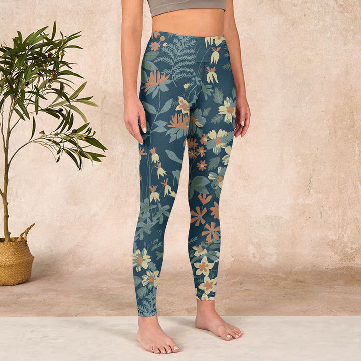 Buddha Stones Casual Daisy Flowers Leaves Print Gym Fitness Leggings Women's Yoga Pants - image 3