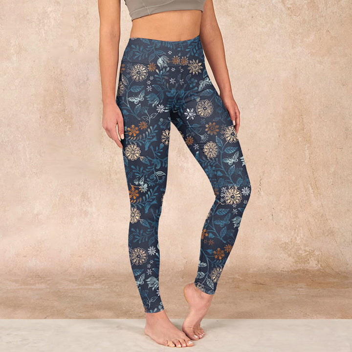 Buddha Stones New York Aster Flowers Leaves Print Gym Fitness Leggings Women's Yoga Pants - SteelBlue - US18，UK/AU22，EU50 (4XL) - image 0