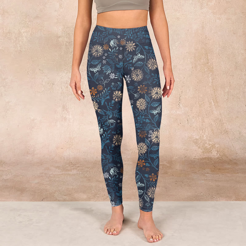 Buddha Stones New York Aster Flowers Leaves Print Gym Fitness Leggings Women's Yoga Pants - image 1