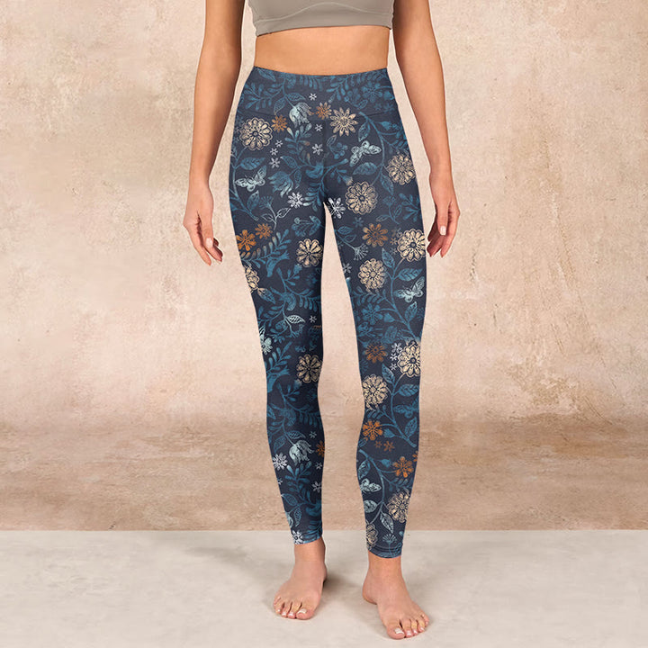 Buddha Stones New York Aster Flowers Leaves Print Gym Fitness Leggings Women's Yoga Pants - image 1