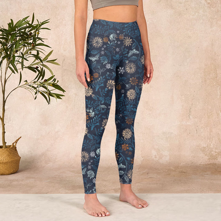 Buddha Stones New York Aster Flowers Leaves Print Gym Fitness Leggings Women's Yoga Pants - image 3