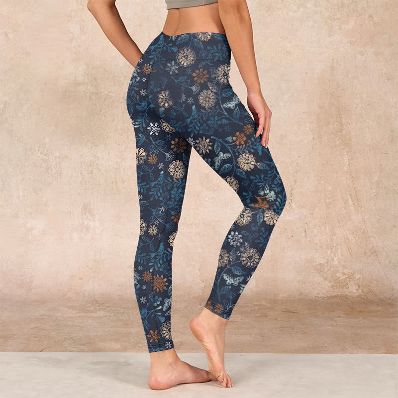 Buddha Stones New York Aster Flowers Leaves Print Gym Fitness Leggings Women's Yoga Pants - image 2