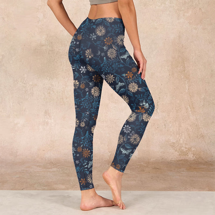 Buddha Stones New York Aster Flowers Leaves Print Gym Fitness Leggings Women's Yoga Pants - image 2