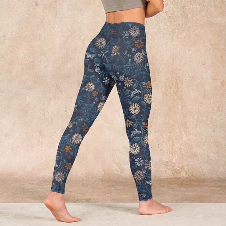 Buddha Stones New York Aster Flowers Leaves Print Gym Fitness Leggings Women's Yoga Pants - image 4