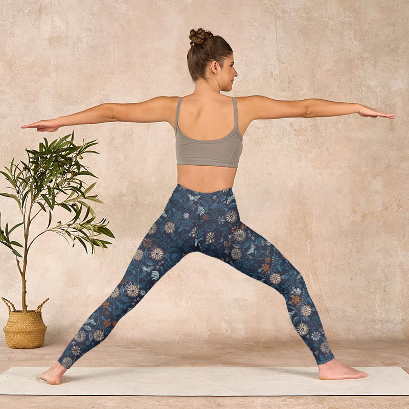 Buddha Stones New York Aster Flowers Leaves Print Gym Fitness Leggings Women's Yoga Pants - image 11