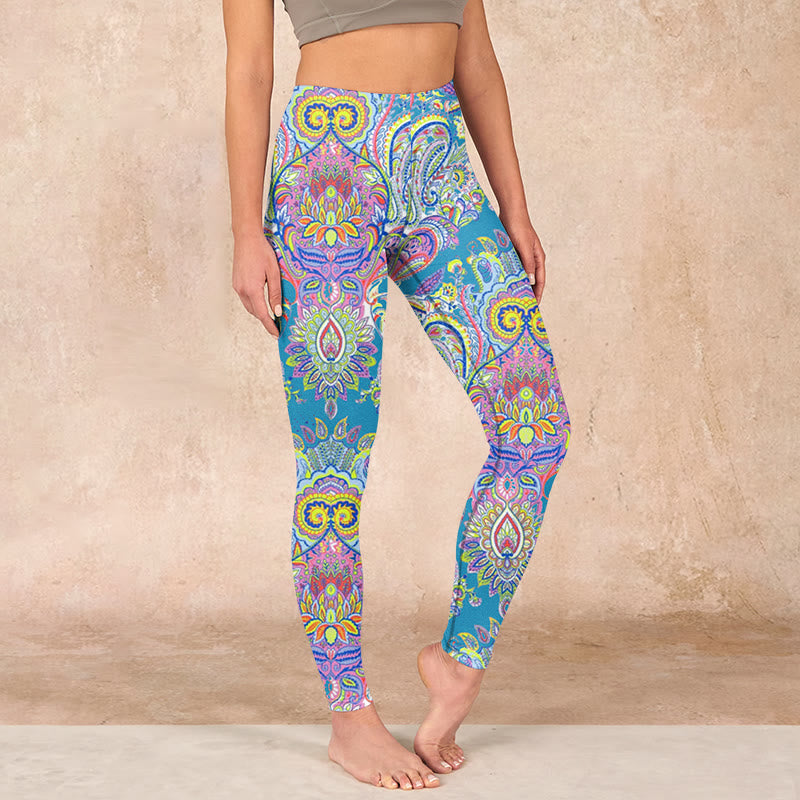 Buddha Stones Blue Pink Green Flower Print Gym Fitness Leggings Women's Yoga Pants - LightSkyBlue - US18，UK/AU22，EU50 (4XL) - image 0
