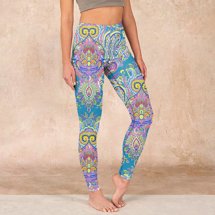 Buddha Stones Blue Pink Green Flower Print Gym Fitness Leggings Women's Yoga Pants - LightSkyBlue - US18，UK/AU22，EU50 (4XL) - image 0