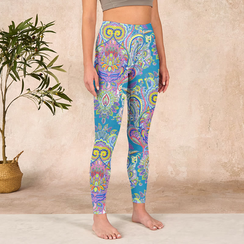 Buddha Stones Blue Pink Green Flower Print Gym Fitness Leggings Women's Yoga Pants - image 3