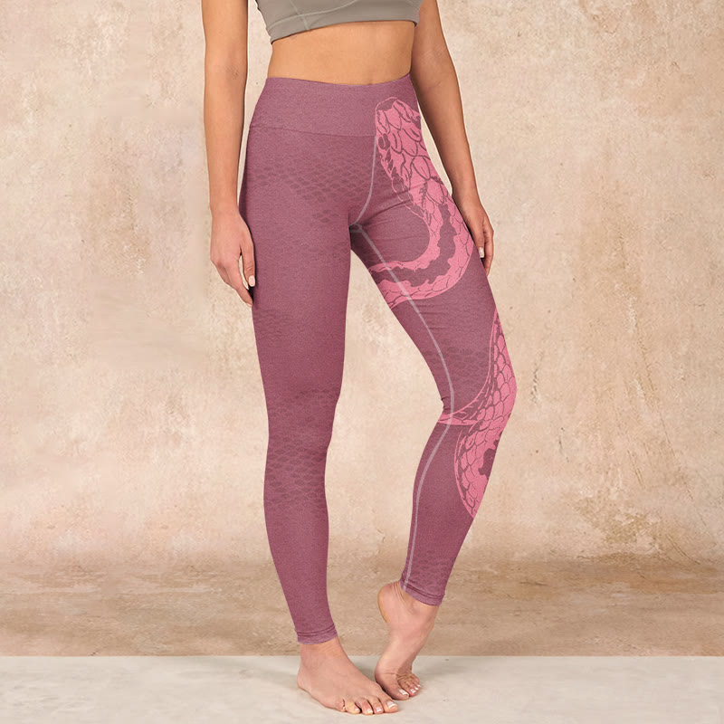 Buddha Stones Pink Snake And Snakeskin Print Gym Leggings Women's Yoga Pants - PaleVioletRed - US18，UK/AU22，EU50 (4XL) - image 0