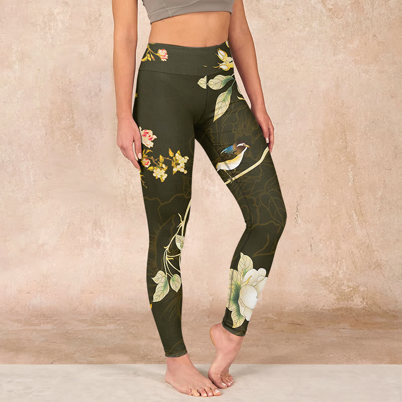 Buddha Stones Black Magnolia Flowers Print Gym Leggings Women's Yoga Pants - Black - US18，UK/AU22，EU50 (4XL) - image 0