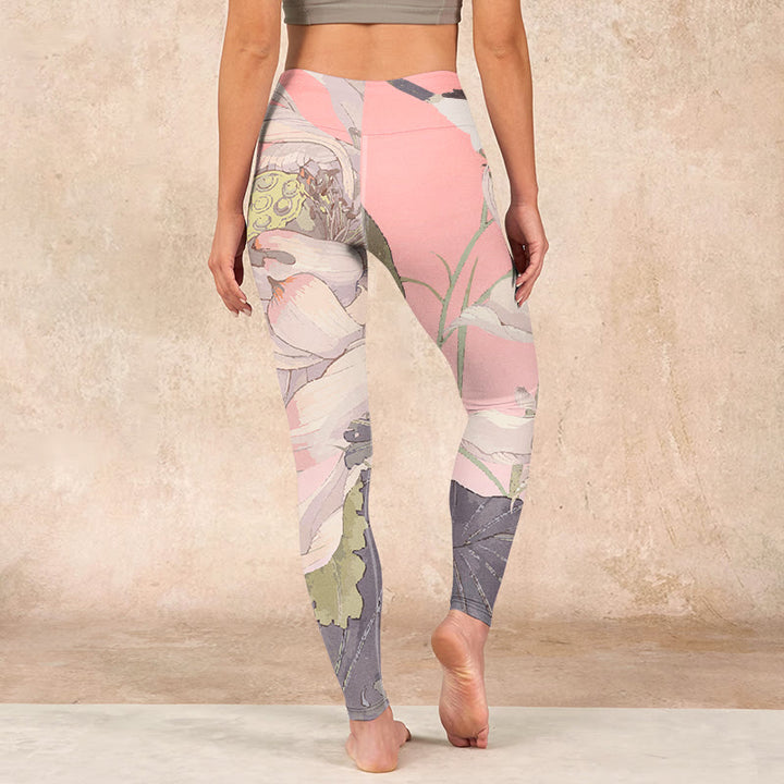 Buddha Stones Withered White Lotus Print Gym Leggings Women's Yoga Pants - image 14
