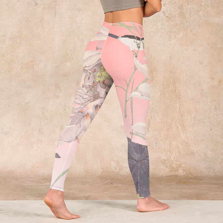 Buddha Stones Withered White Lotus Print Gym Leggings Women's Yoga Pants - image 4